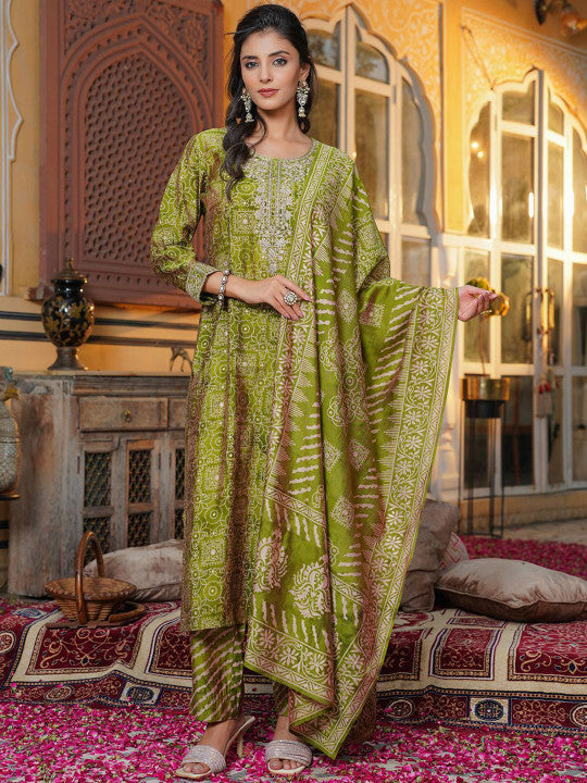 Ethnic Motifs Printed Thread Work Straight Kurta With Trouser & Dupatta