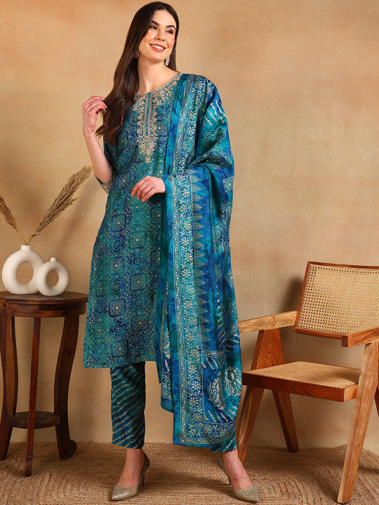 Ethnic Motifs Printed Thread Work Straight Kurta With Trouser & Dupatta