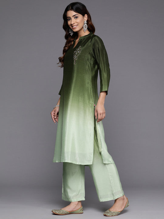 Dyed Mandarin Collar Sequinned & Beaded Kurta With Trouser