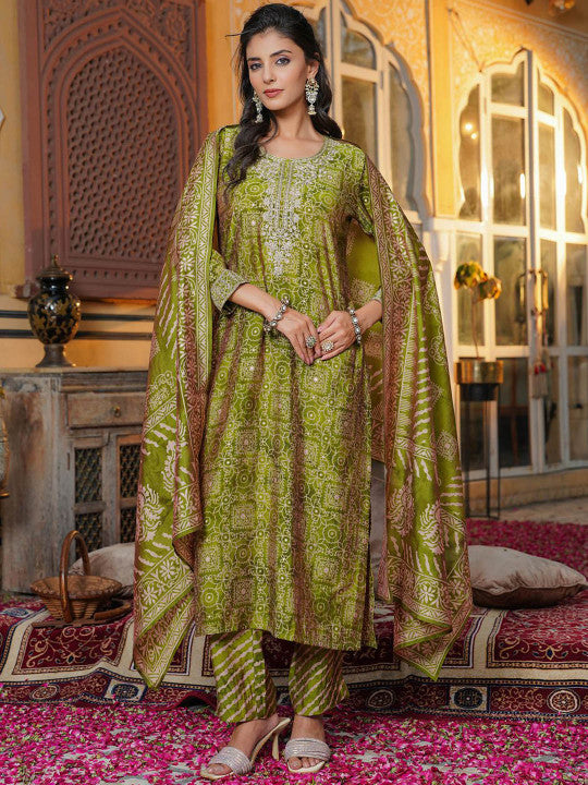 Ethnic Motifs Printed Thread Work Straight Kurta With Trouser & Dupatta