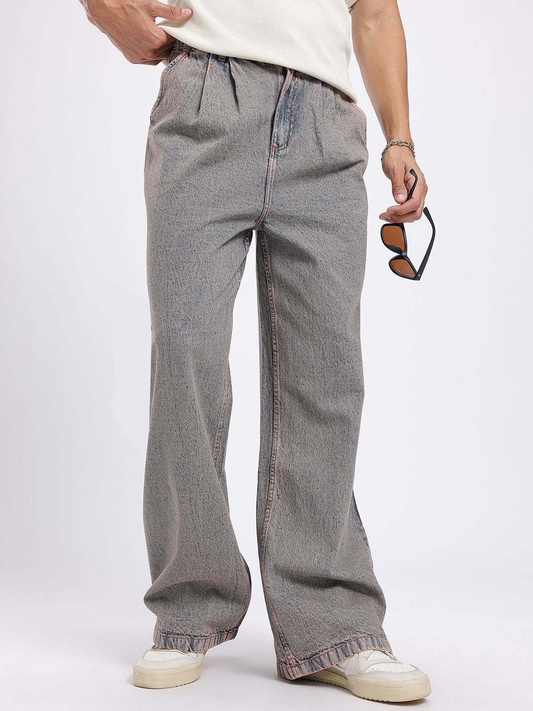 Men Loose Bootcut Pleated Vintage Wash Mid-Rise Jeans