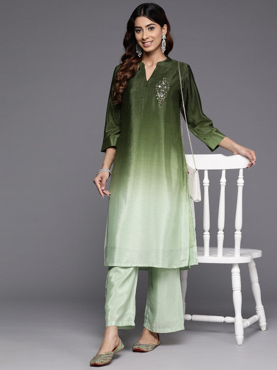 Dyed Mandarin Collar Sequinned & Beaded Kurta With Trouser