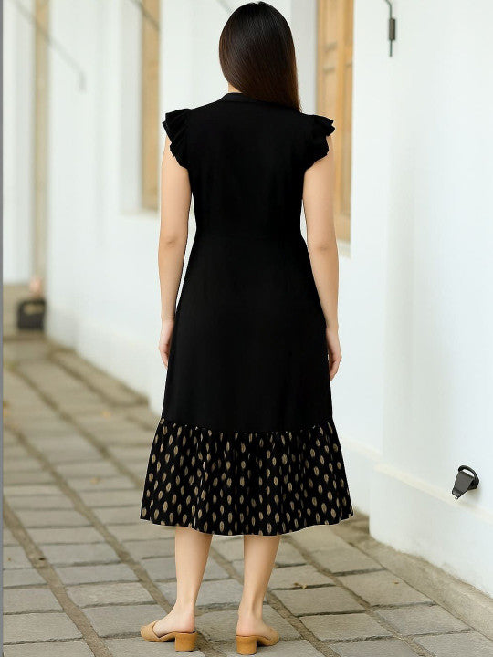 Colourblocked Puff Sleeve Ruffled A-Line Midi Dress