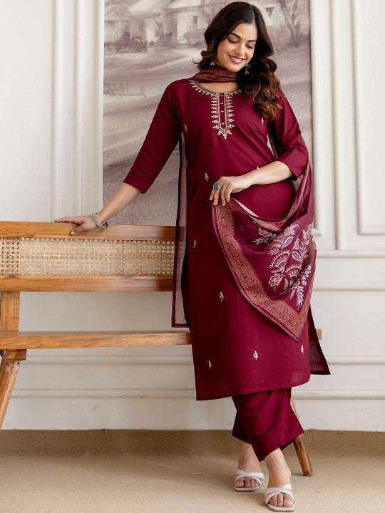 Women Floral Embroidered Regular Chanderi Cotton Kurta with Trousers & With Dupatta