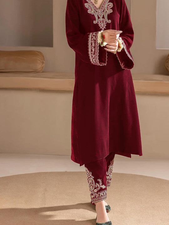 Floral Embroidered Velvet V-Neck A-Line Kurta with Trousers & Dupatta
