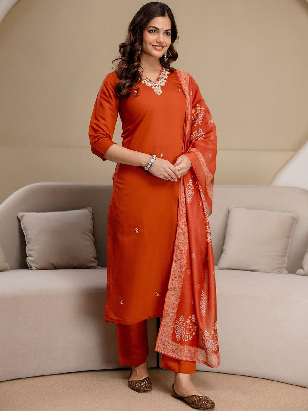 Women Floral Embroidered Regular Chanderi Cotton Kurta with Trousers & With Dupatta