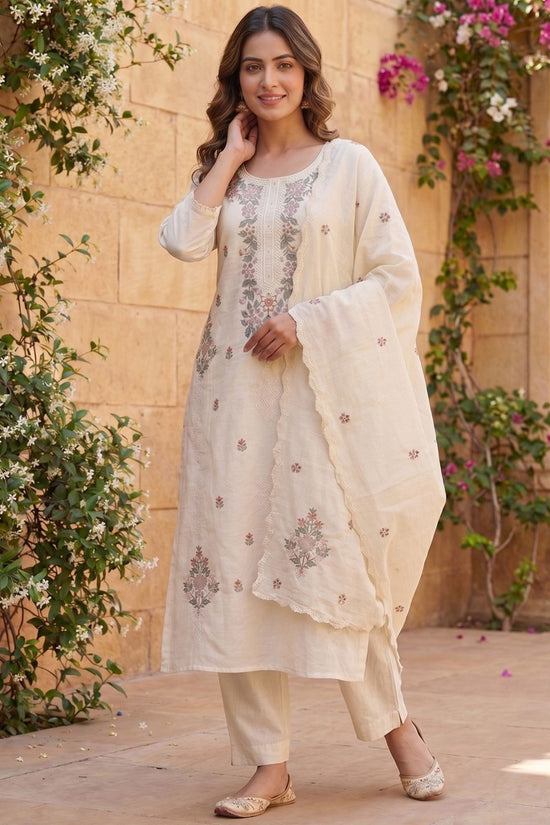 Floral Embroidered Thread Work Chanderi Cotton Kurta with Trousers & With Dupatta