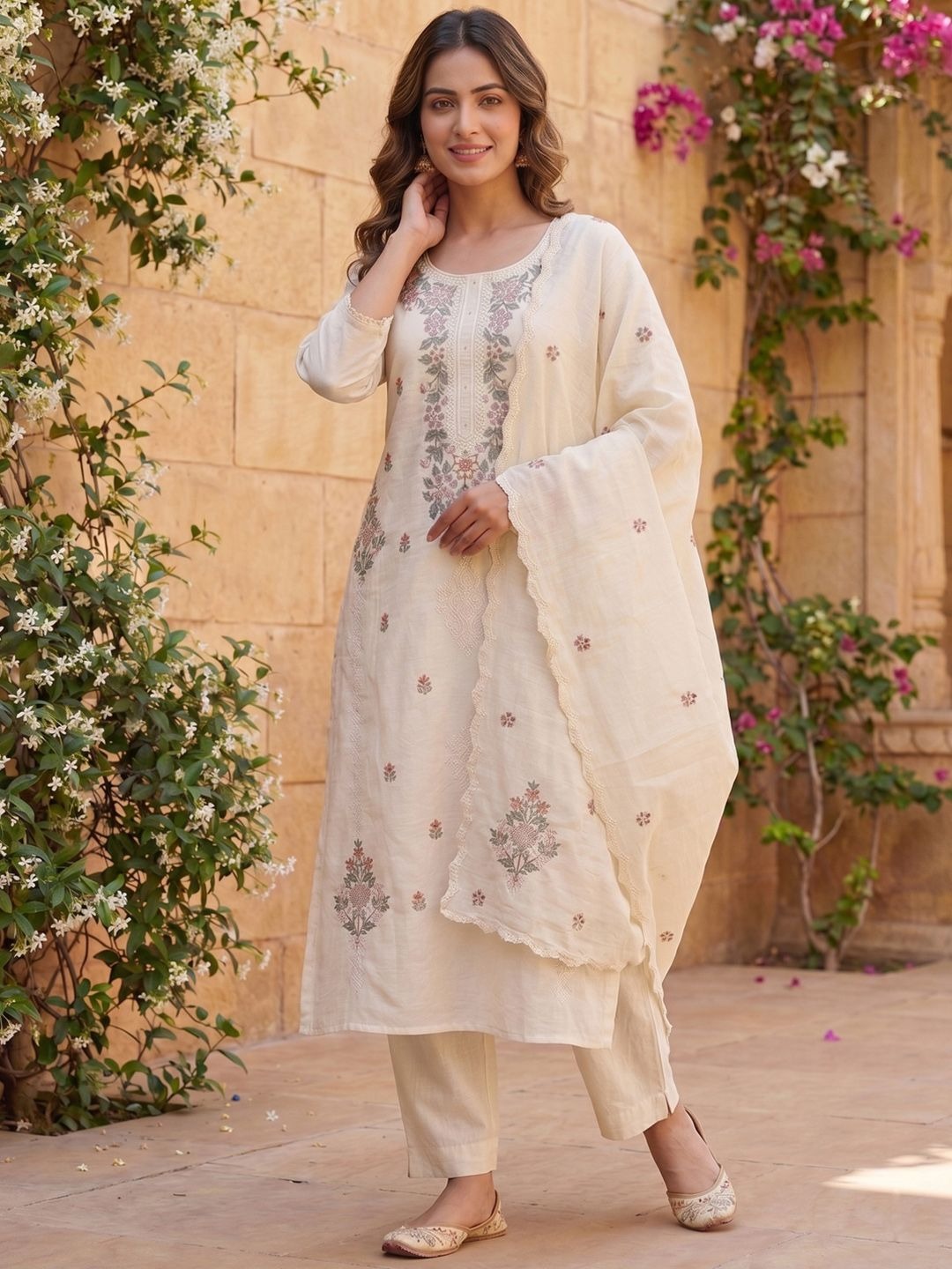Floral Embroidered Thread Work Chanderi Cotton Kurta with Trousers & With Dupatta