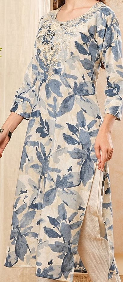 Floral Printed Round Neck Thread Work Straight Cotton Kurta