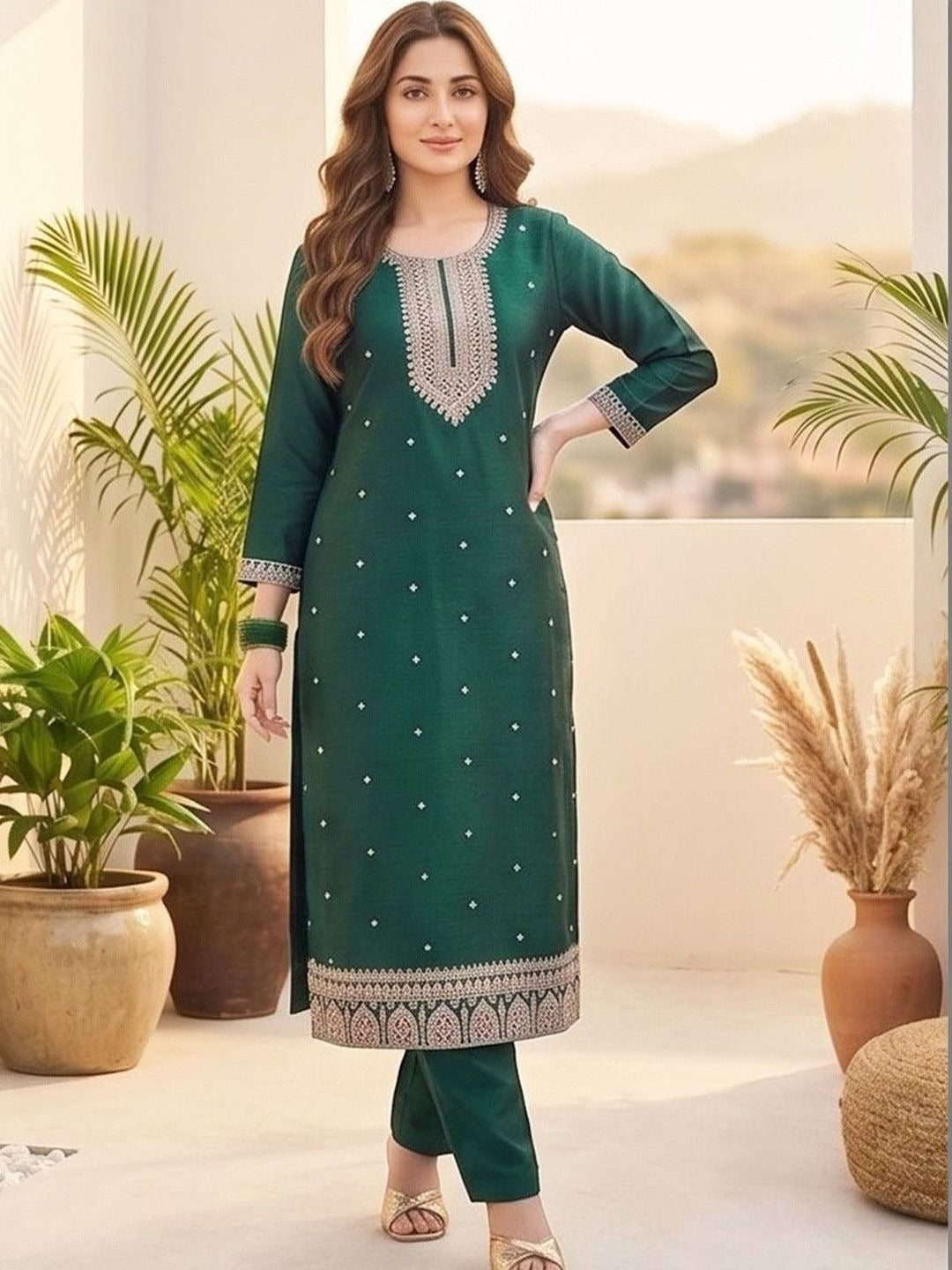 Women Ethnic Motifs Embroidered Regular Thread Work Kurta with Trousers & With Dupatta