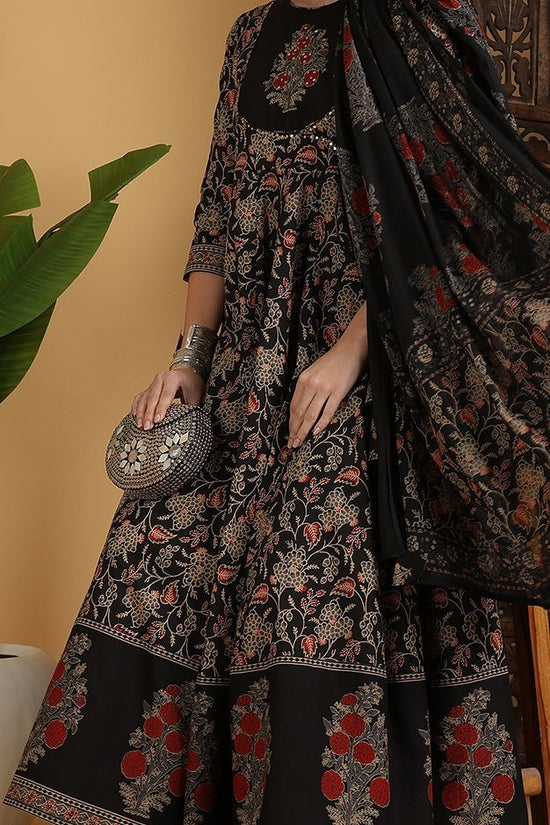 Floral Printed Anarkali Pure Cotton Kurta With Palazzos And Dupatta