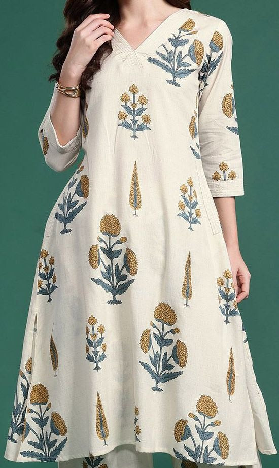 Women Floral Printed Regular Aline Calf Length Kurta with Trousers