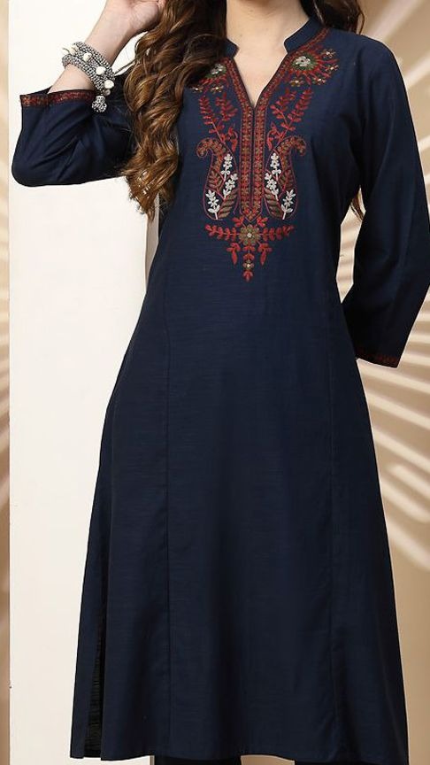 Floral Embroidered Mandarin Collar Linen Kurta with Palazzos