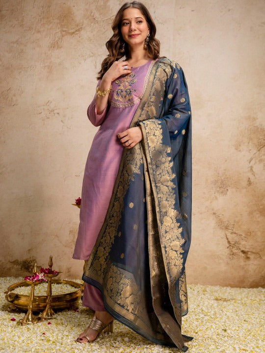 Women Ethnic Motifs Embroidered Regular Thread Work Kurta with Trousers & With Dupatta