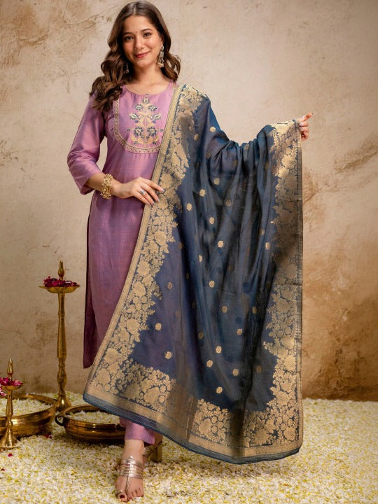 Women Ethnic Motifs Embroidered Regular Thread Work Kurta with Trousers & With Dupatta