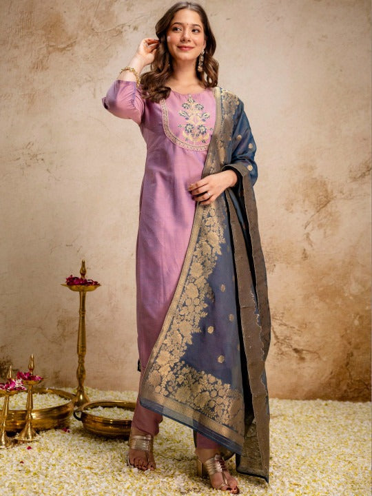 Women Ethnic Motifs Embroidered Regular Thread Work Kurta with Trousers & With Dupatta