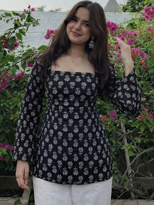 Floral Printed Square Neck Flared Sleeves Kurti