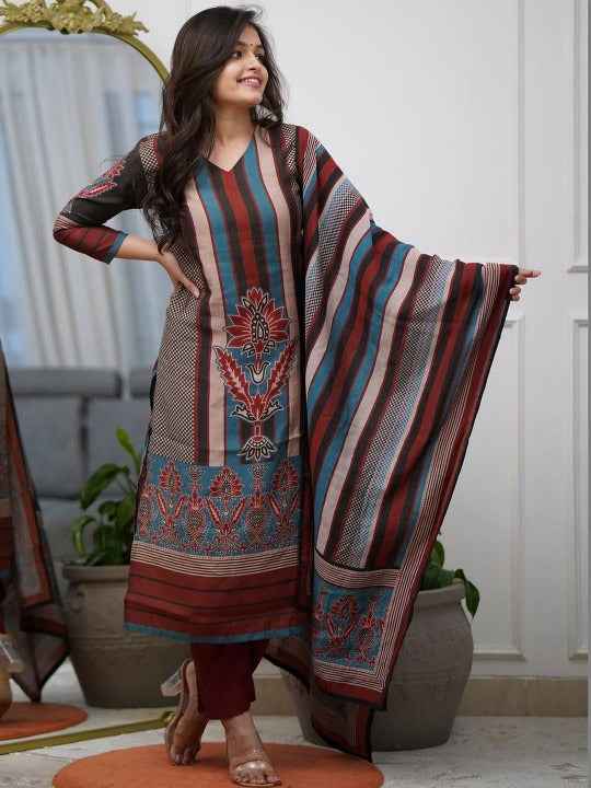 Women Printed Regular Kurta with Trousers & With Dupatta