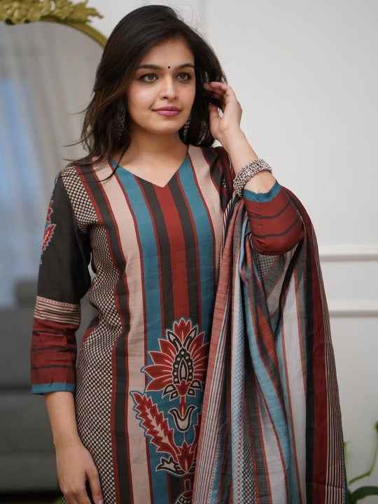 Women Printed Regular Kurta with Trousers & With Dupatta