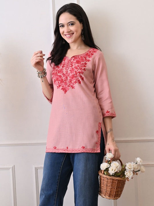 Floral Embroidered Thread Work Pure Cotton Kurti