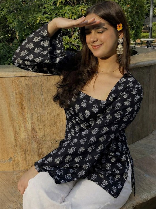 Floral Printed Square Neck Flared Sleeves Kurti