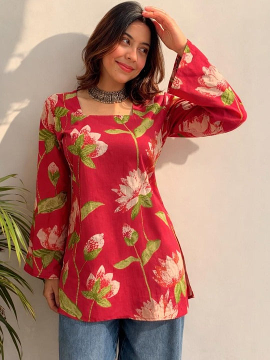 Floral Printed Square Neck Pure Cotton Kurti