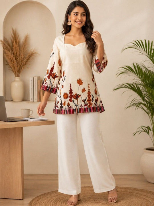 Floral Printed Square Neck Flared Sleeves Pure Cotton Kurti