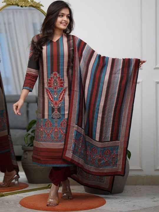 Women Printed Regular Kurta with Trousers & With Dupatta