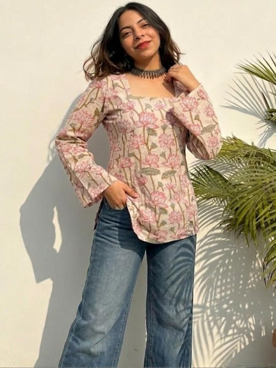 Floral Printed Square Neck Pure Cotton Kurti