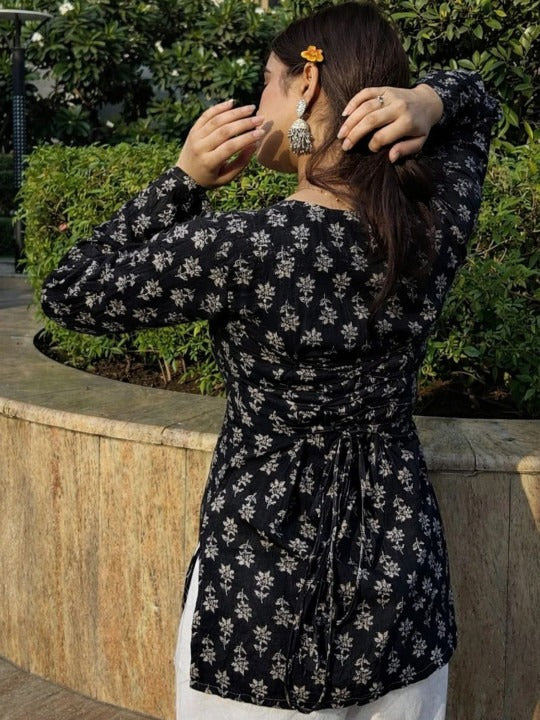 Floral Printed Square Neck Flared Sleeves Kurti