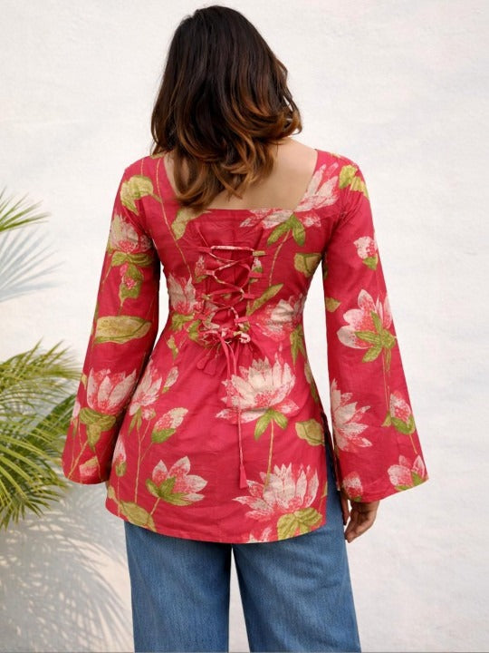 Floral Printed Square Neck Pure Cotton Kurti