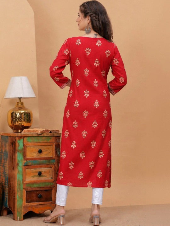 Women Ethnic Motifs Printed Thread Work Kurta