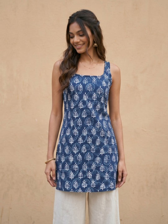 Ethnic Motifs Printed Cotton-Linen Kurti With Tie-Ups
