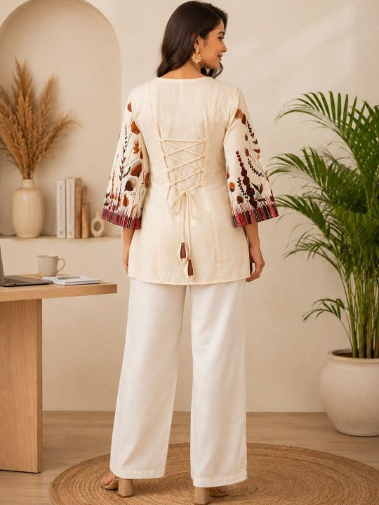Floral Printed Square Neck Flared Sleeves Pure Cotton Kurti