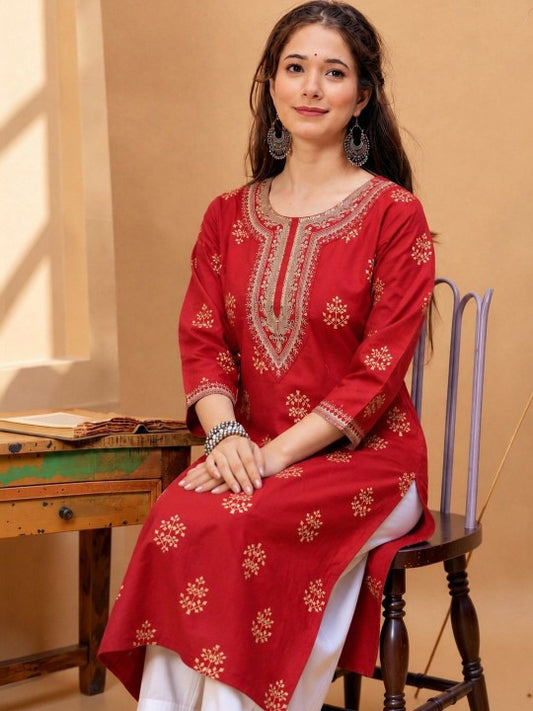 Women Ethnic Motifs Printed Thread Work Kurta