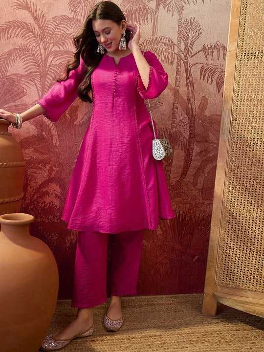Embroidered Round Neck A-Line Kurta With Trousers