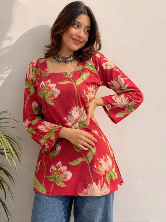 Floral Printed Square Neck Pure Cotton Kurti