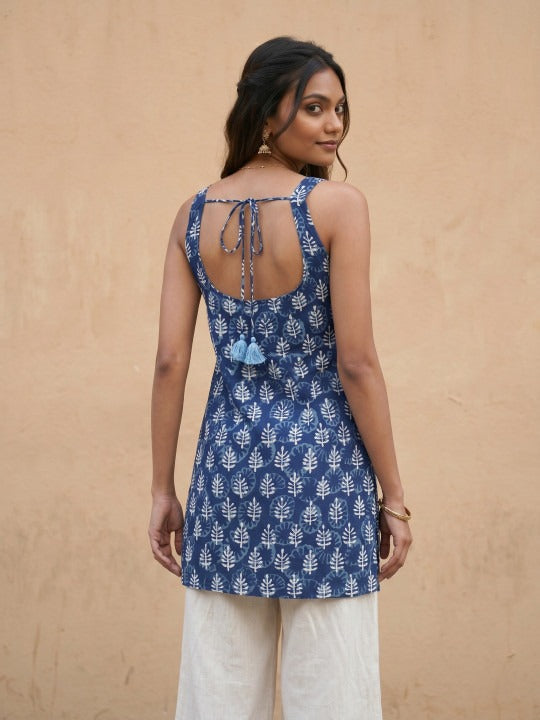 Ethnic Motifs Printed Cotton-Linen Kurti With Tie-Ups