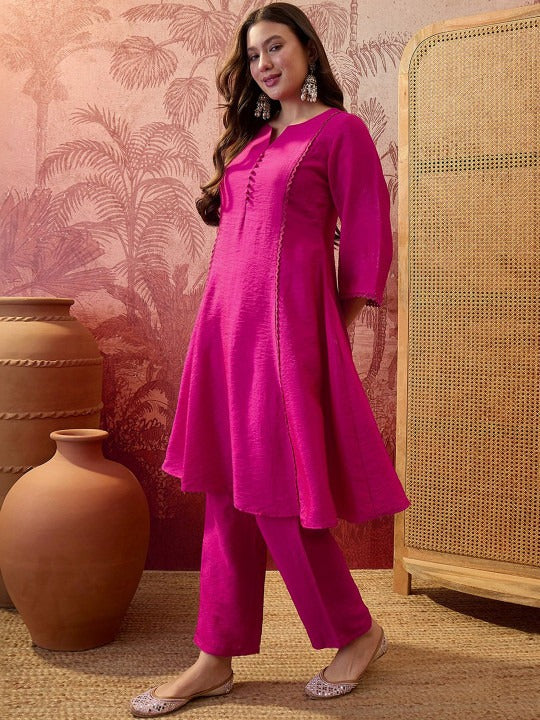 Embroidered Round Neck A-Line Kurta With Trousers