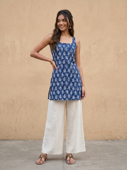 Ethnic Motifs Printed Cotton-Linen Kurti With Tie-Ups