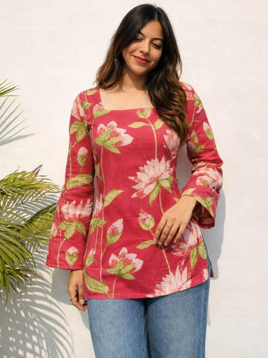 Floral Printed Square Neck Pure Cotton Kurti