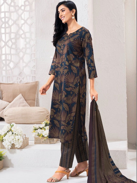 Printed Pure Cotton Sweetheart Neck Kurta & Trousers With Dupatta