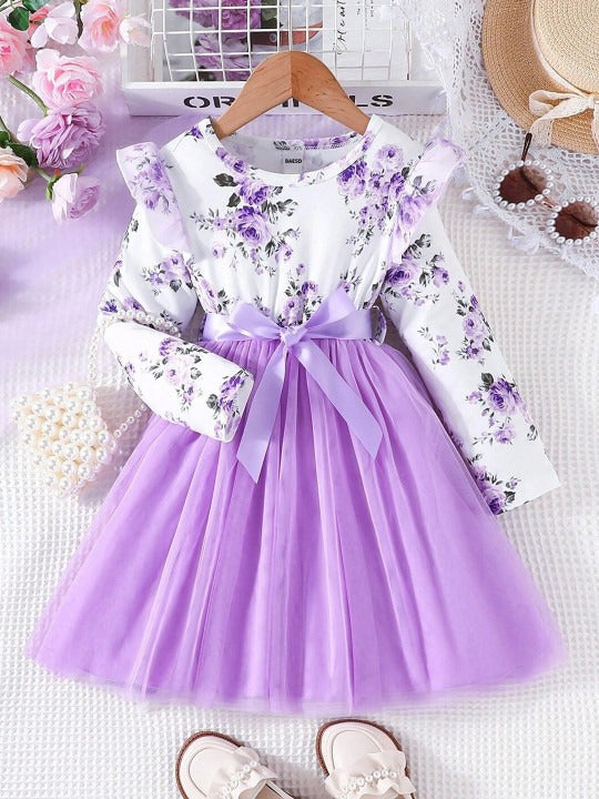 Girls Floral Print Full Sleeve Net Fit & Flare Dress