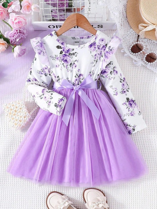 Girls Floral Print Full Sleeve Net Fit & Flare Dress