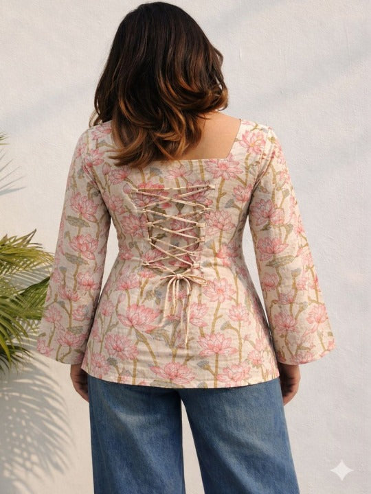 Floral Printed Square Neck Pure Cotton Kurti