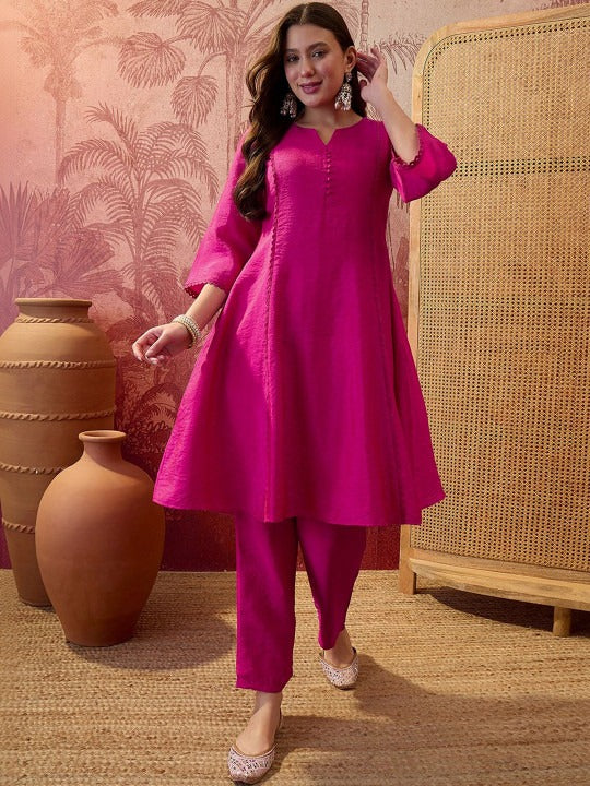 Embroidered Round Neck A-Line Kurta With Trousers