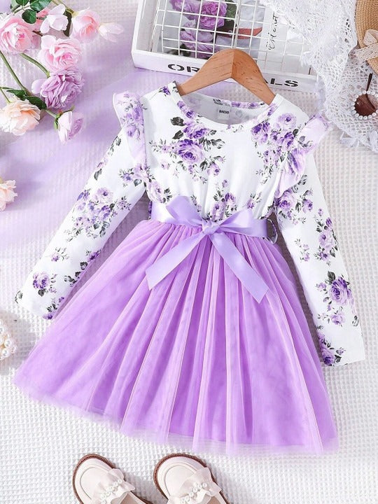 Girls Floral Print Full Sleeve Net Fit & Flare Dress