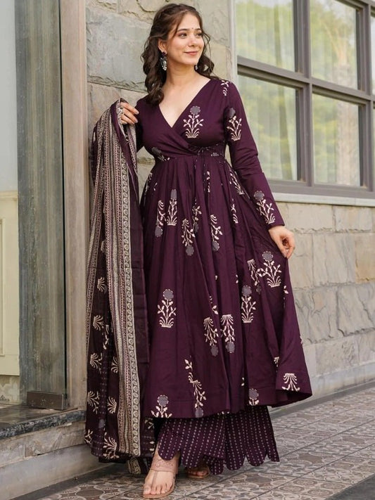 Women Floral Printed Angrakha Kurta with Palazzos & Dupatta