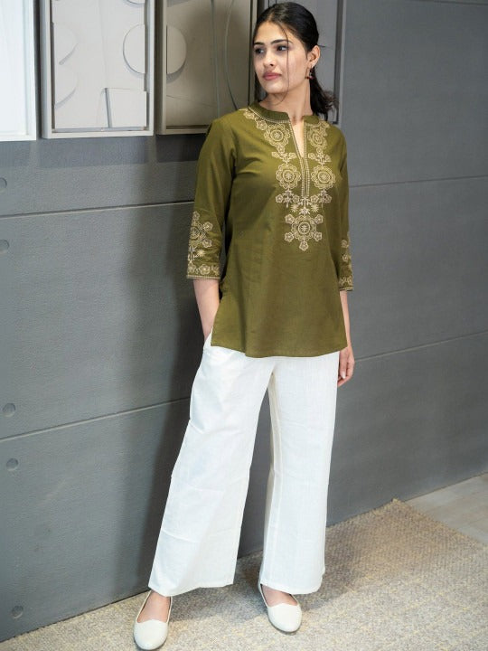 Mandarin Collar Embroidered Ethnic Tunic