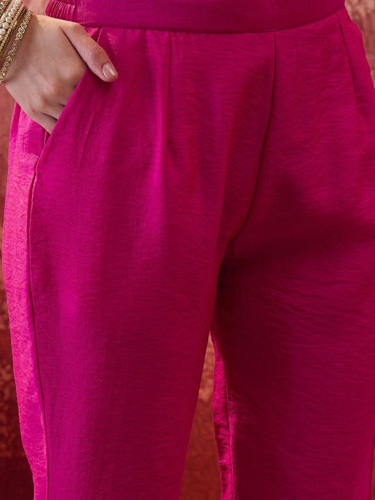 Embroidered Round Neck A-Line Kurta With Trousers